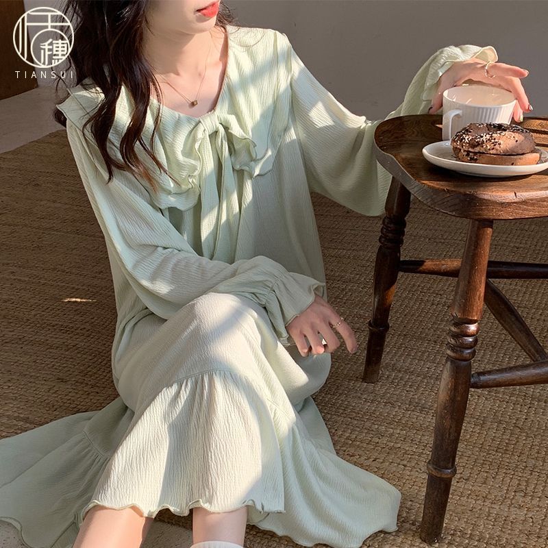 Spring and autumn gauze cotton nightdress women's long-sleeved 2023 new sweet pajamas lazy style simple home clothes summer