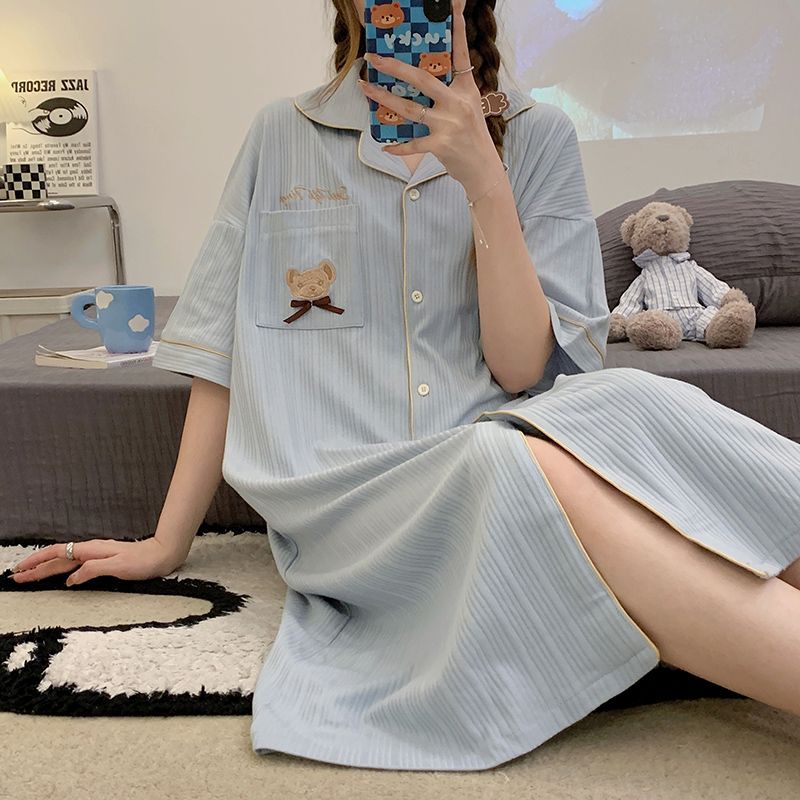 Nightdress women's spring and summer short-sleeved cardigan pajamas large size long summer sweet and cute students can wear home clothes