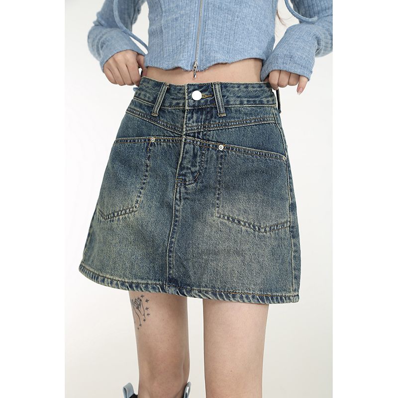 145 short xs size retro high waist denim skirt women's summer new slimming a-line bag hip short skirt trendy
