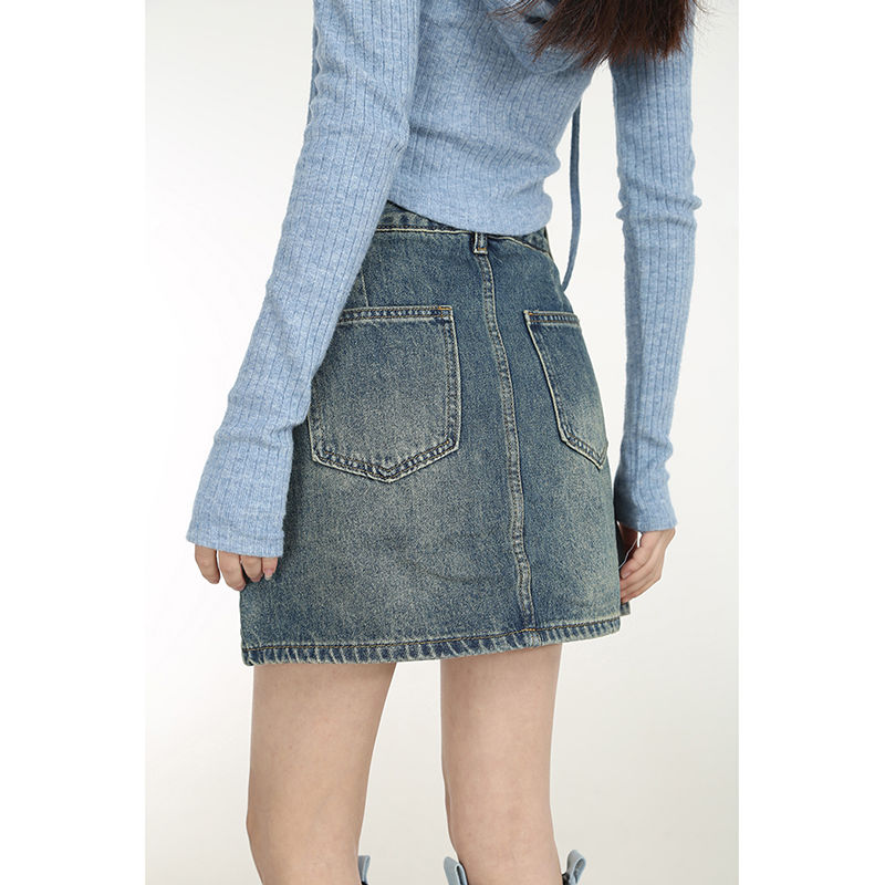 145 short xs size retro high waist denim skirt women's summer new slimming a-line bag hip short skirt trendy