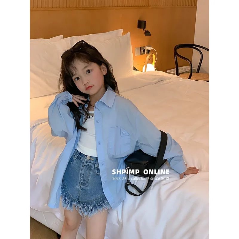 Korean children's clothing children's shirt lapel long-sleeved shirt 2023 new middle and big children's fashion top casual sun protection clothing