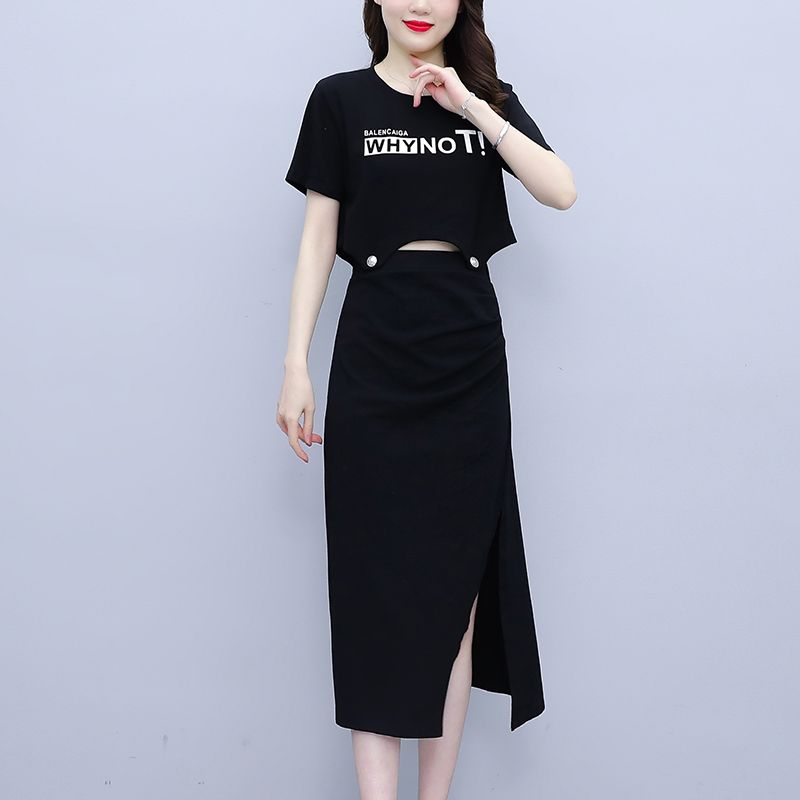 大碼女裝2023夏新款字母印花短袖T恤半身裙子時尚套裝顯瘦兩件套