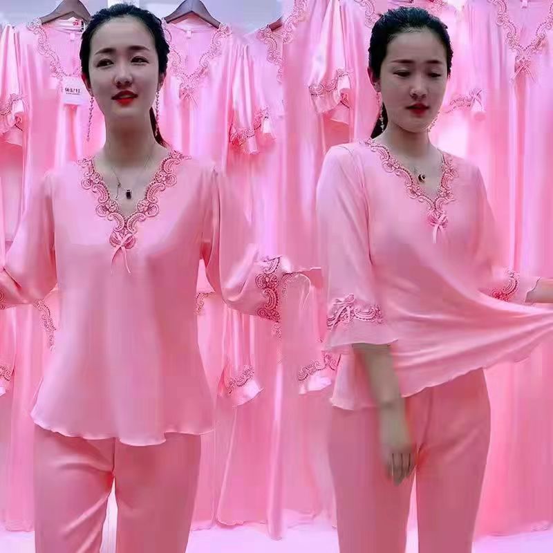 Pajamas women's summer short-sleeved trousers ice silk two-piece home service sexy silk imitation silk ladies cute suit