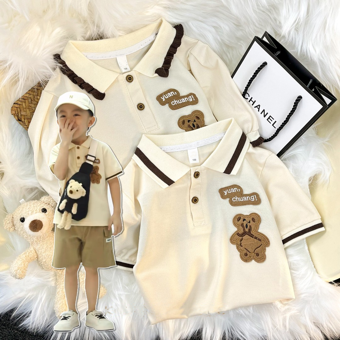 Children's suit boys summer short-sleeved lapel shirt  baby boy Korean style college style cute embroidered T-shirt shorts