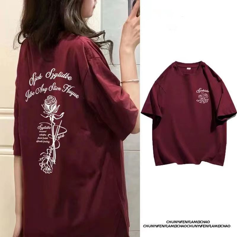 100%純棉酒紅色短袖T恤女學生潮牌玫瑰花美式復古oversize上衣服