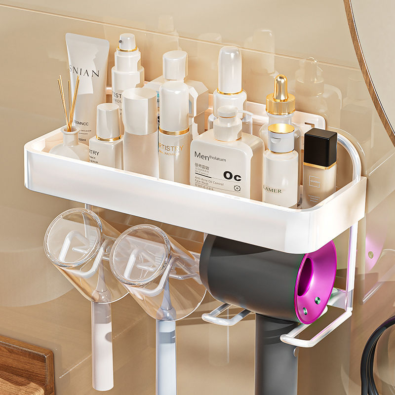 刷牙置物架卫生间置物架浴室一体漱口杯挂壁式吹风机洗手台收纳