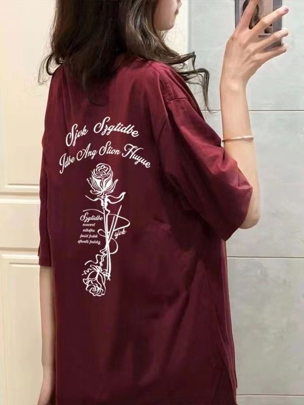 100%純棉美式復古酒紅色丅恤短袖女春夏季學生韓版寬鬆百搭上衣潮