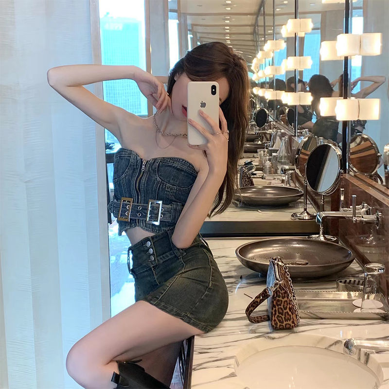 American style street sexy super hot girl old washed denim tube top for women ins retro summer tube top trend