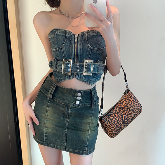 American style street sexy super hot girl old washed denim tube top for women ins retro summer tube top trend