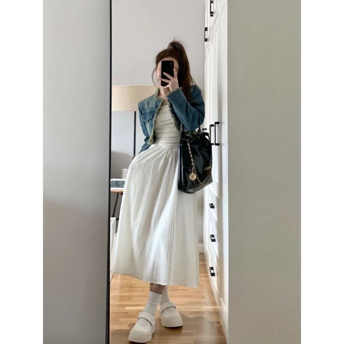 純欲風套裝女2023春季新款抹胸連衣裙搭牛仔短款外套單/兩件套裝