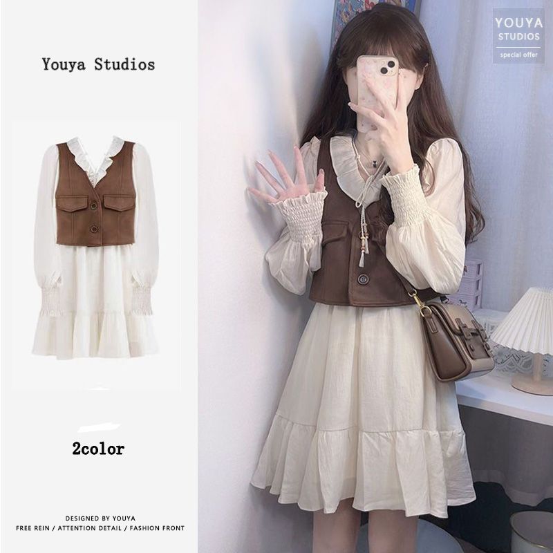 Early spring milk and salt suit, gentle and playful for little people, short vest and dress, Korean drama two-piece set