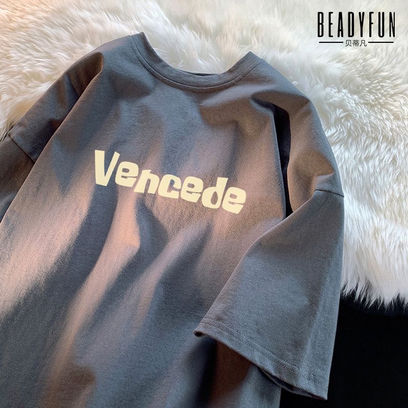 BEADYFUN字母印花短袖t恤男女夏季ins潮流寬鬆街頭風學生半袖衣服
