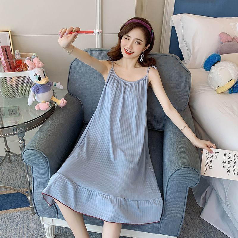 Summer Japanese women's sleeveless nightdress ins style pure desire style new summer palace style thin section suspender nightdress solid color