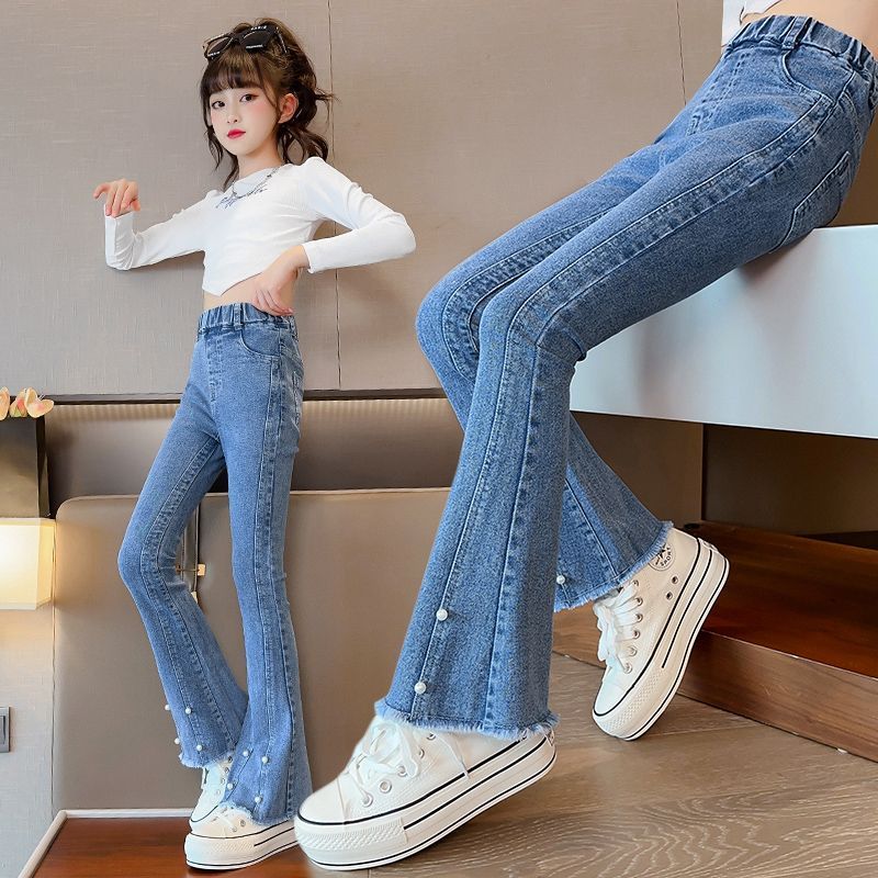 女童修身牛仔褲春秋2023新款兒童時髦彈力褲子女孩開叉喇叭褲洋氣