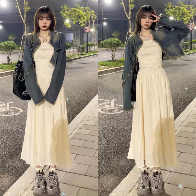 時尚洋氣套裝流蘇長袖牛仔外套配長款顯瘦抹胸連衣裙單/兩件套裝