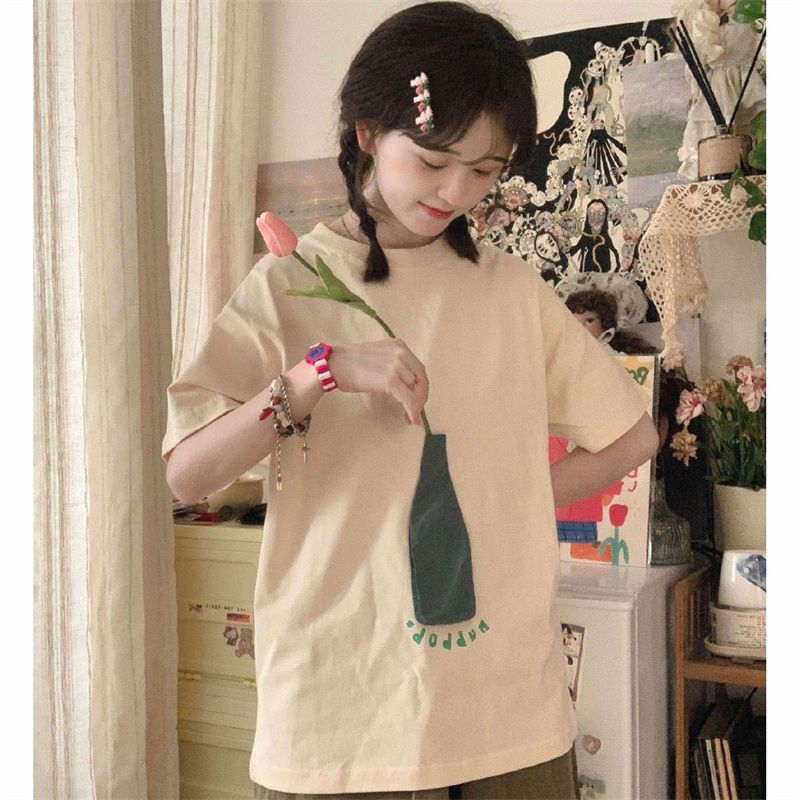 100% cotton [send flowers] short-sleeved T-shirt female 2023 new summer mid-length student loose INS top