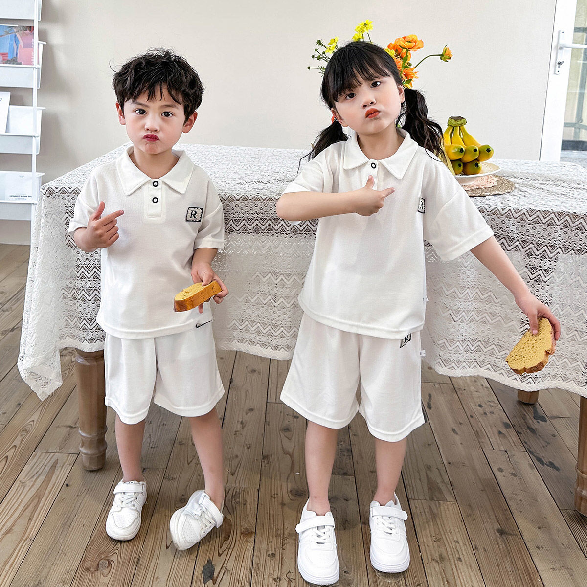 Children's Waffle Suit Summer Boys Wear Casual Sportswear Girls Thin Short-sleeved Shorts Pullover Polo Shirt
