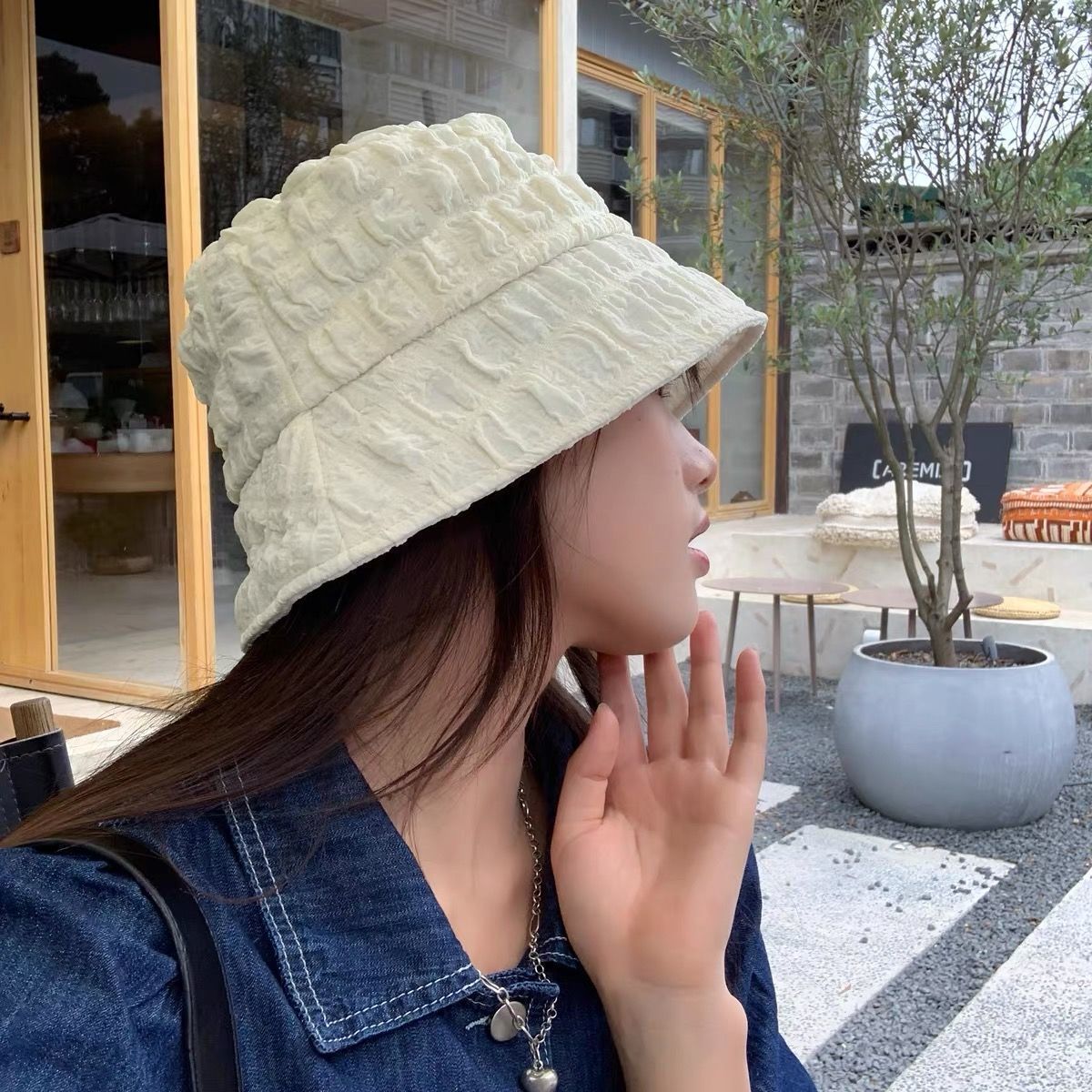 Sunscreen sun visor Japanese simple short brim texture seersucker fisherman hat female summer casual all-match beige basin hat