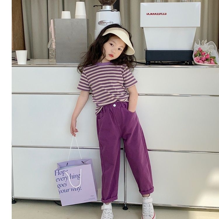 Girls spring clothes  new Korean version of foreign style baby striped bottoming shirt children's short-sleeved t-shirt