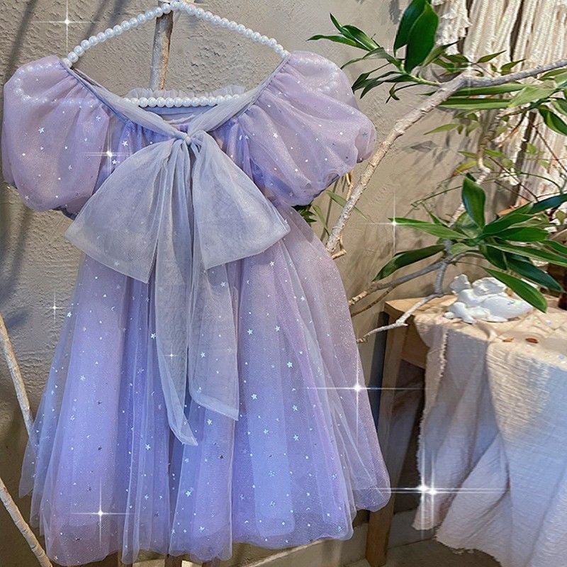 韩国女童网纱蕾丝连衣裙夏款洋气紫色星空公主裙超仙泡泡袖仙女裙