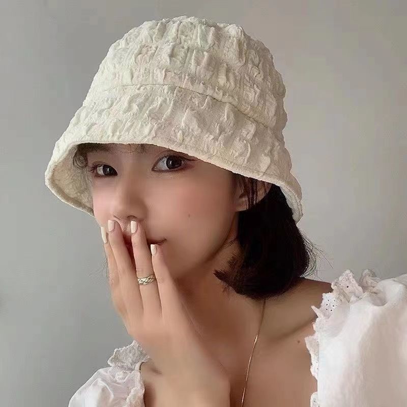 Super sweet girl's heart ~ fisherman hat female summer pleated seersucker bucket hat ins trendy Japanese style cover face all-match basin hat