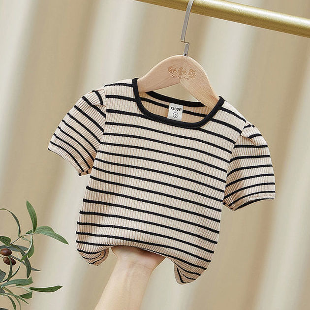 Girls' short-sleeved summer new striped simple foreign style top 23 children's Korean version of the versatile round neck T-shirt bottoming shirt