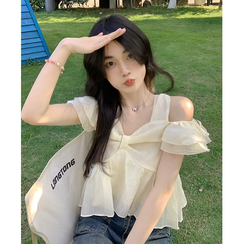 法式獨特别致小上衣設計感百搭小眾女夏季掛脖一字肩襯衫短袖襯衣