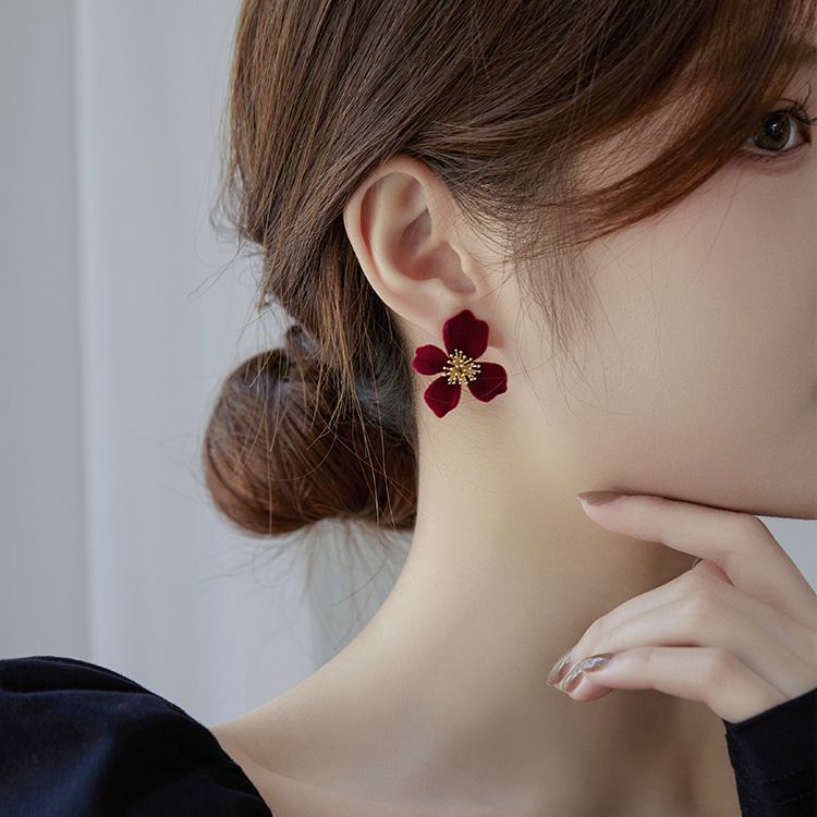 純銀耳釘復古紅色耳環女小眾設計感高級花朵耳飾2023年新款潮銀針