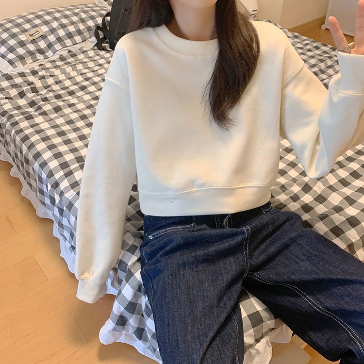 衛衣女春秋季2023新款粉色寬鬆短款高腰長袖圓領無帽套頭洋氣上衣