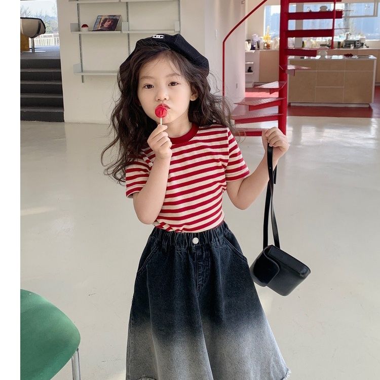 Girls spring clothes  new Korean version of foreign style baby striped bottoming shirt children's short-sleeved t-shirt