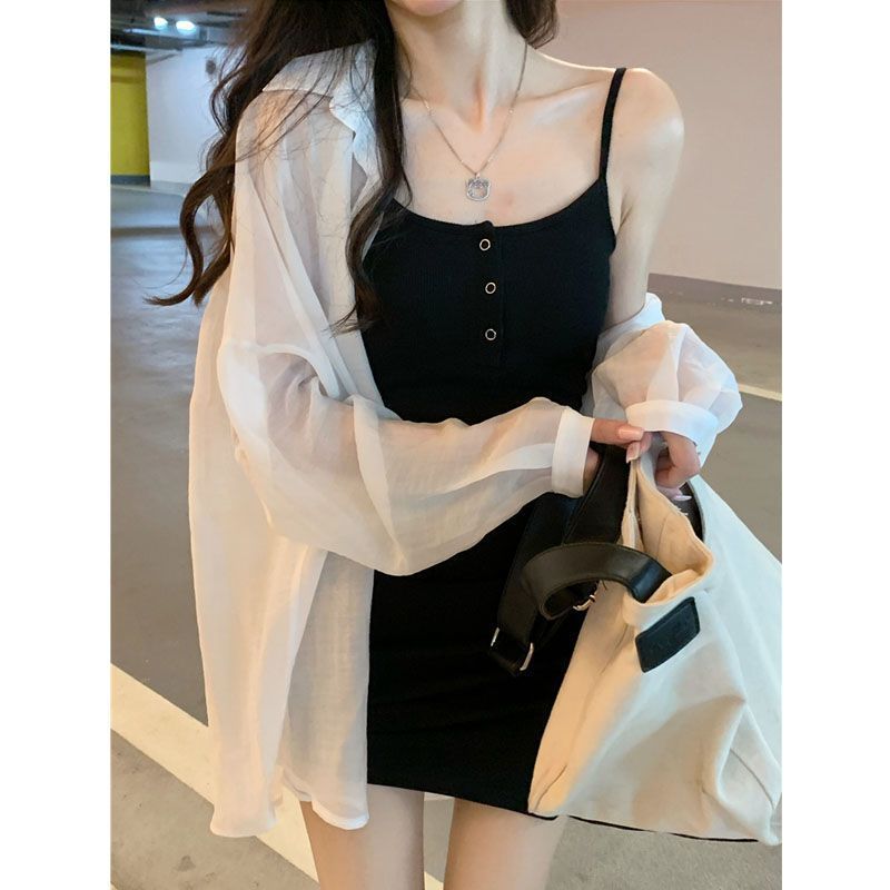 純欲風黑色短款包臀吊帶連衣裙女夏季新款薄款防曬襯衫上衣兩件套