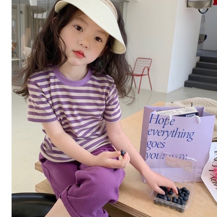 Girls spring clothes  new Korean version of foreign style baby striped bottoming shirt children's short-sleeved t-shirt