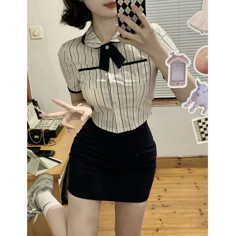 韓系辣妹學院風時尚套裝女制服條紋襯衫修身顯瘦包臀短裙兩件套