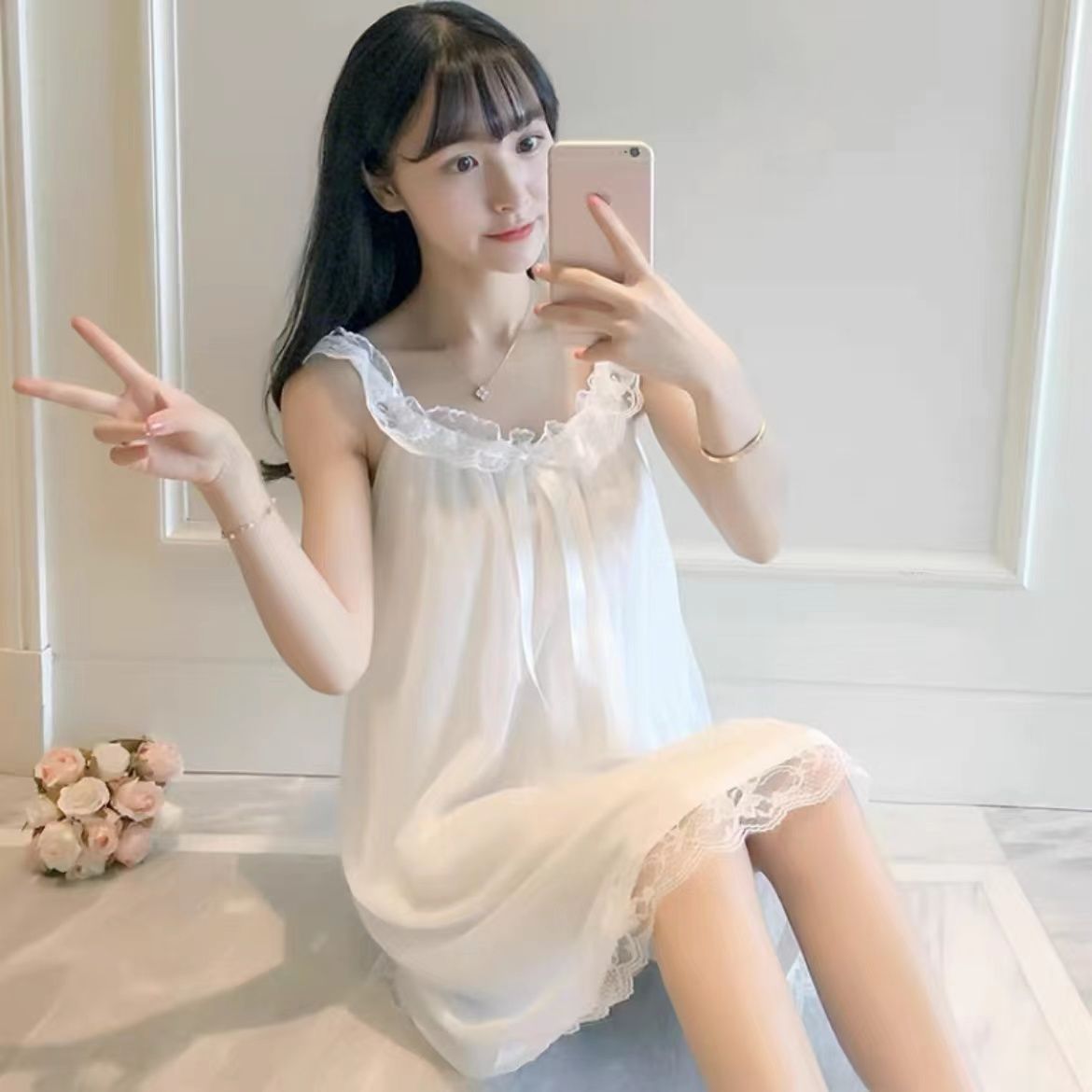 New  palace summer pajamas women's thin section women's spring and autumn loose cotton sweet princess style lace nightdress