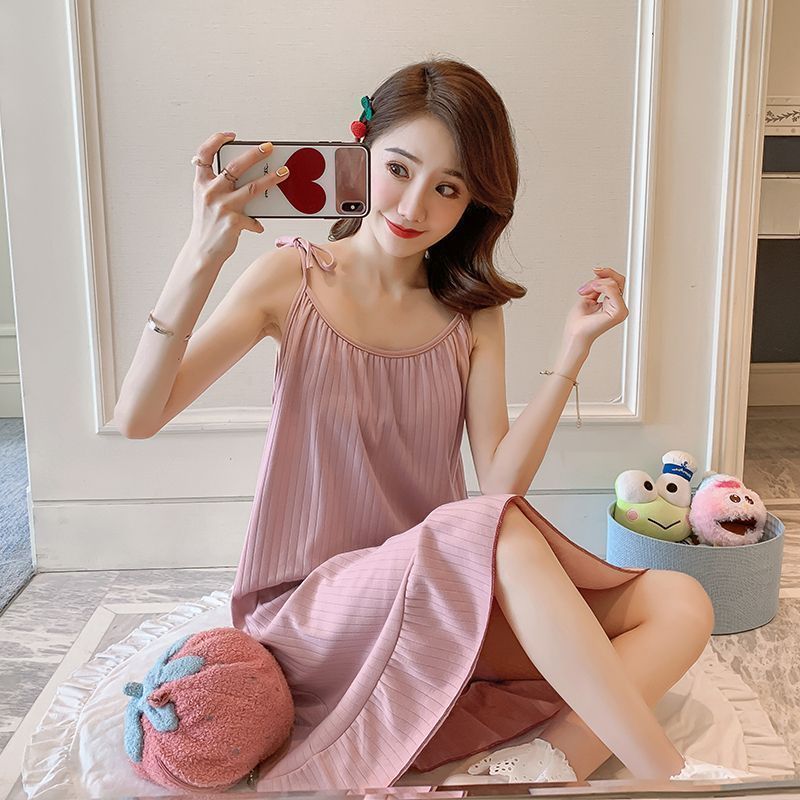 Summer Japanese women's sleeveless nightdress ins style pure desire style new summer palace style thin section suspender nightdress solid color