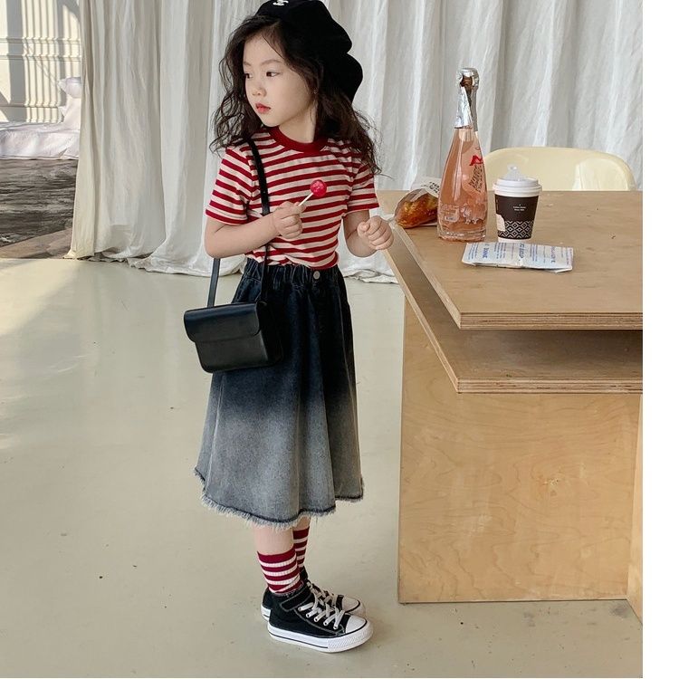 Girls spring clothes  new Korean version of foreign style baby striped bottoming shirt children's short-sleeved t-shirt