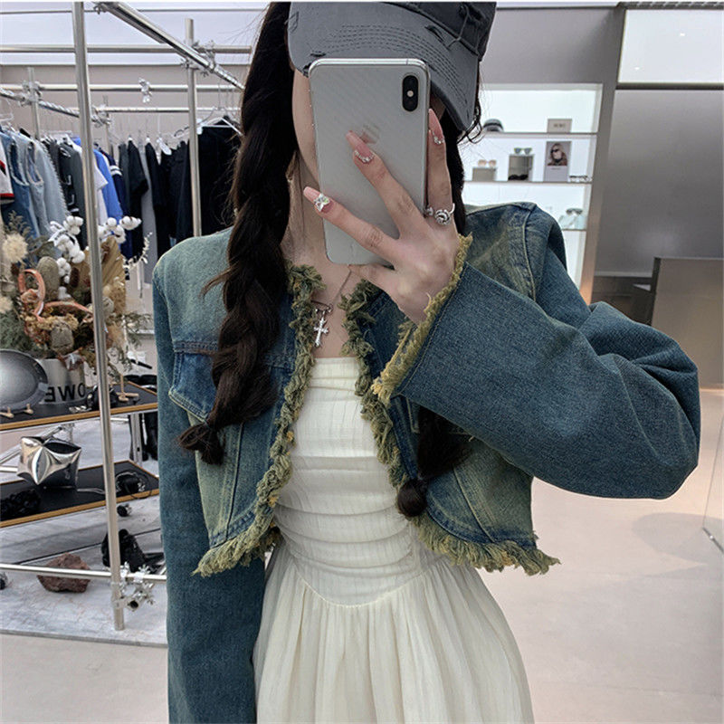 American style fringed short denim jacket women's spring new small crowd retro fur edge small jacket tide loose