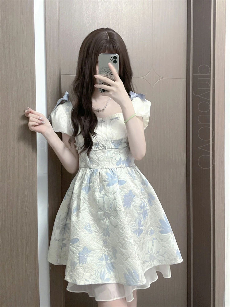 French-style waist slimming first love lace edge floral dress female student summer new sweet line fluffy princess dress