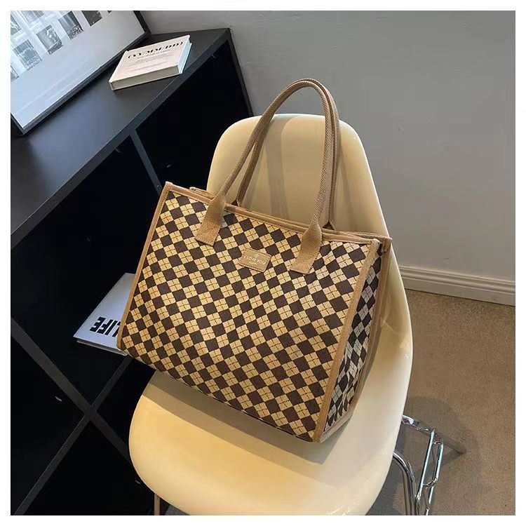 Sac à main en toile pour femmes, fourre-tout polyvalent à carreaux, grande capacité, mode printemps/été, épaule avancée, sac de maman_voghion.com