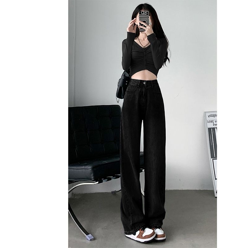 大碼直筒牛仔褲褲子春秋女高級感小個子寬鬆闊腿褲高腰顯瘦拖地褲
