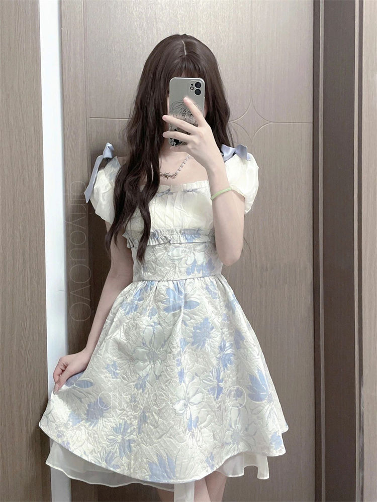 French-style waist slimming first love lace edge floral dress female student summer new sweet line fluffy princess dress