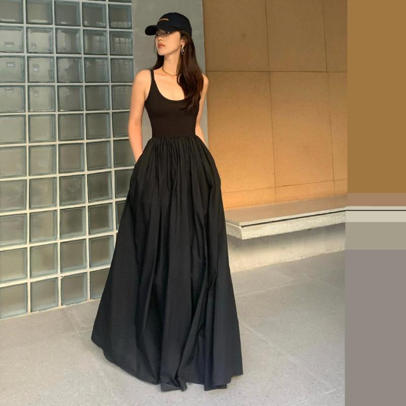 YUEJINGXUAN French retro black dress slim waist travel seaside vacation beach skirt long skirt