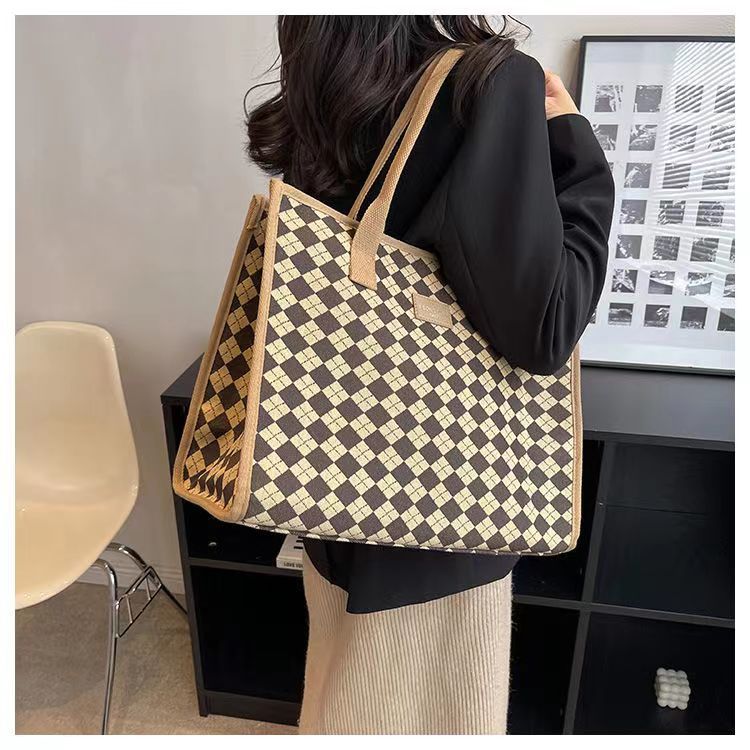 Sac à main en toile pour femmes, fourre-tout polyvalent à carreaux, grande capacité, mode printemps/été, épaule avancée, sac de maman_voghion.com