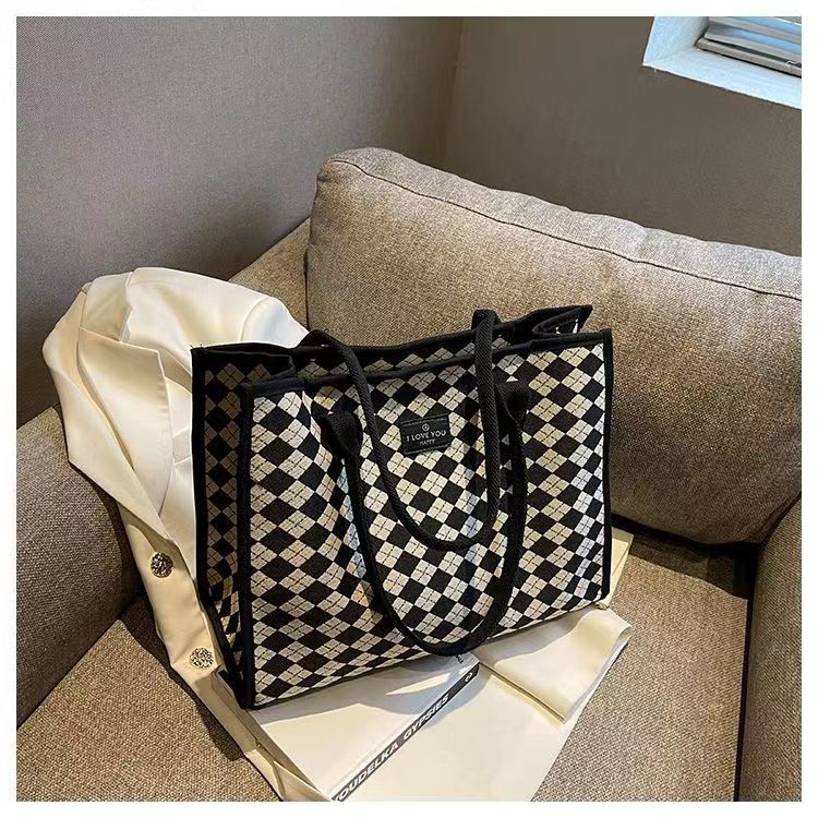 Sac à main en toile pour femmes, fourre-tout polyvalent à carreaux, grande capacité, mode printemps/été, épaule avancée, sac de maman_voghion.com