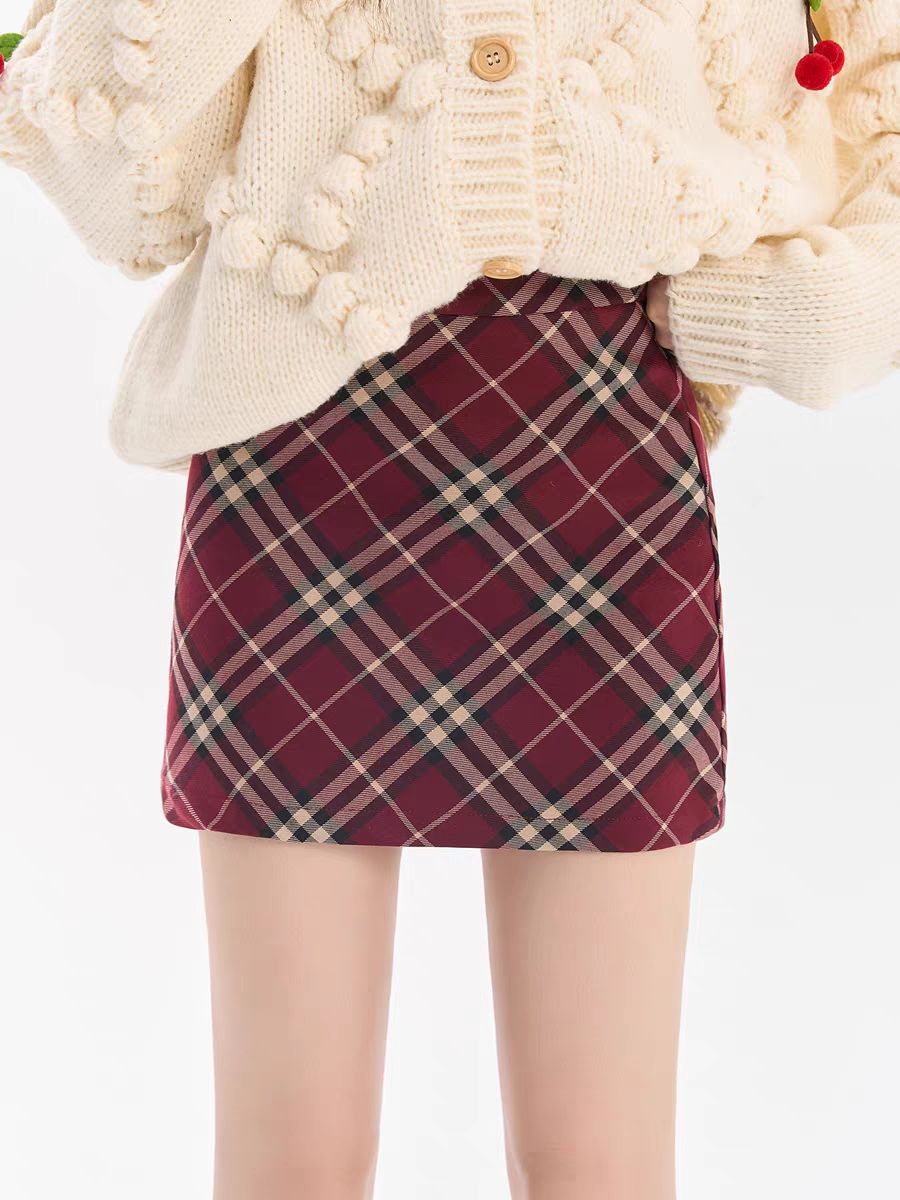 Plus size college style red plaid skirt high waist hip a line skirt autumn and winter fat mm retro all-match hot girl skirt