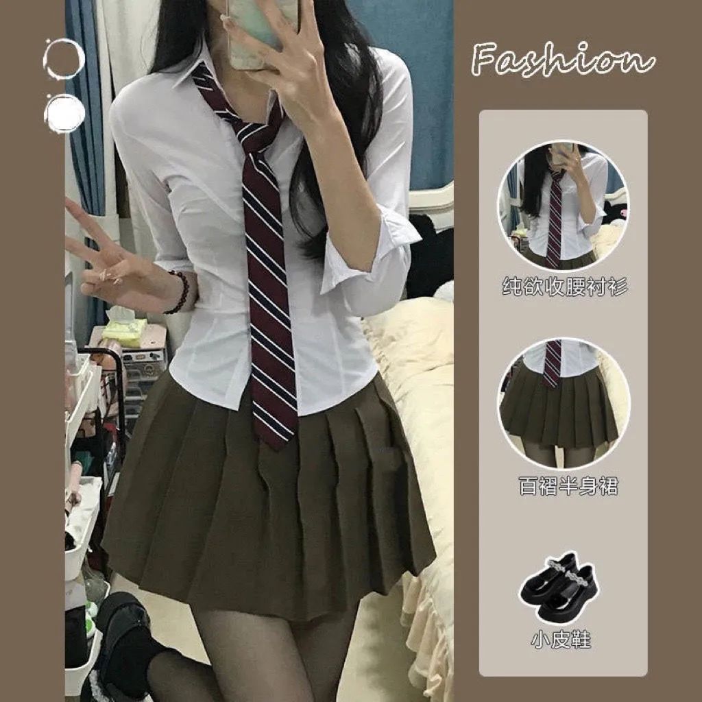 學院風韓系穿搭修身收腰襯衫上衣女春秋百褶半身裙短裙兩件套裝潮