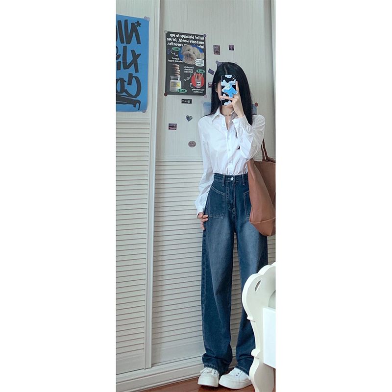 大碼胖mm牛仔褲女2023新款高腰直筒寬鬆顯瘦設計感小眾藍色闊腿褲