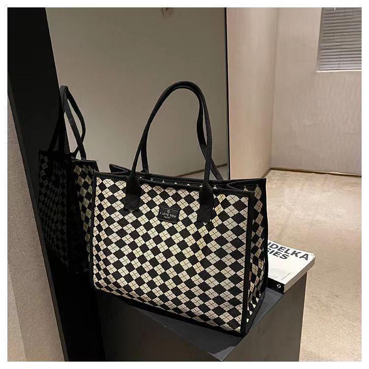 Sac à main en toile pour femmes, fourre-tout polyvalent à carreaux, grande capacité, mode printemps/été, épaule avancée, sac de maman_voghion.com