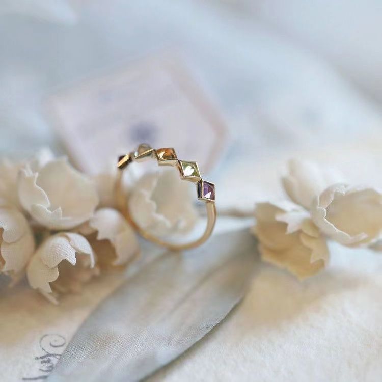 New Rainbow Goddess S925 Silver Ring Open Female Japanese Syle Colorful Moissanie High-End Princess Square Elegan_voghion.com