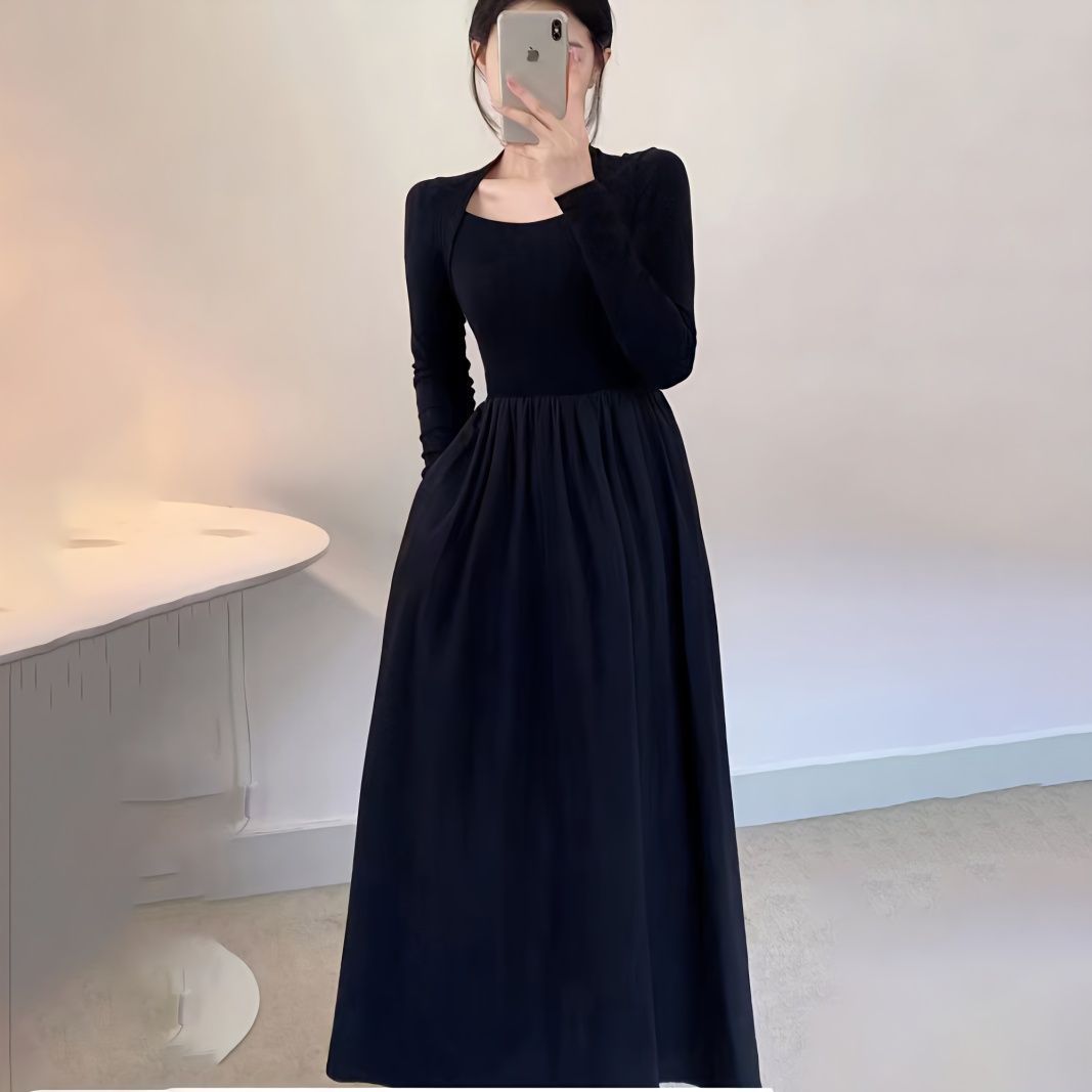 Black square collar long-sleeved knitted dress women's spring design sense French inner waist slimming mid-length skirt
